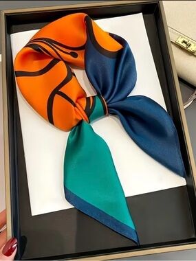 Colorblock Satin Neck Scarf in Orange, Teal & Navy